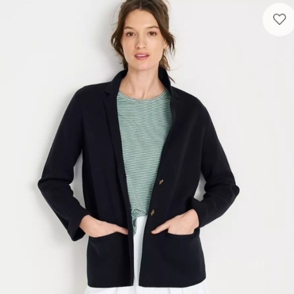 Lands End Womens Navy Blue Knit Blazer Jacket Cardigan Size M 10-12 Pockets